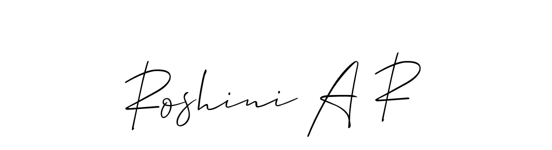 The best way (Allison_Script) to make a short signature is to pick only two or three words in your name. The name Roshini A R include a total of six letters. For converting this name. Roshini A R signature style 2 images and pictures png