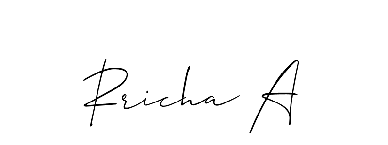 The best way (Allison_Script) to make a short signature is to pick only two or three words in your name. The name Rricha A include a total of six letters. For converting this name. Rricha A signature style 2 images and pictures png