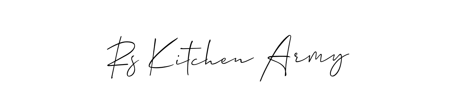 The best way (Allison_Script) to make a short signature is to pick only two or three words in your name. The name Rs Kitchen Army include a total of six letters. For converting this name. Rs Kitchen Army signature style 2 images and pictures png