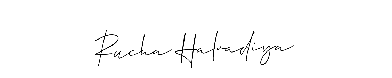 Make a beautiful signature design for name Rucha Halvadiya. With this signature (Allison_Script) style, you can create a handwritten signature for free. Rucha Halvadiya signature style 2 images and pictures png
