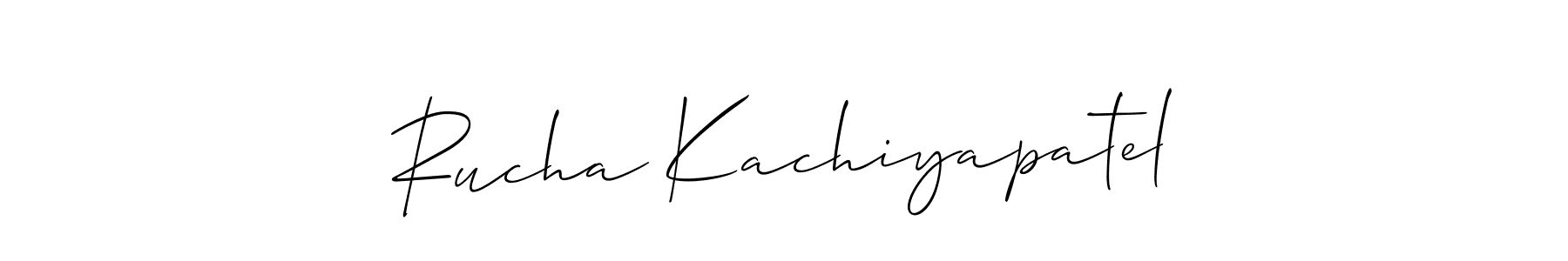 The best way (Allison_Script) to make a short signature is to pick only two or three words in your name. The name Rucha Kachiyapatel include a total of six letters. For converting this name. Rucha Kachiyapatel signature style 2 images and pictures png