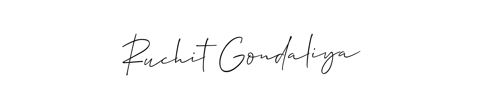 It looks lik you need a new signature style for name Ruchit Gondaliya. Design unique handwritten (Allison_Script) signature with our free signature maker in just a few clicks. Ruchit Gondaliya signature style 2 images and pictures png