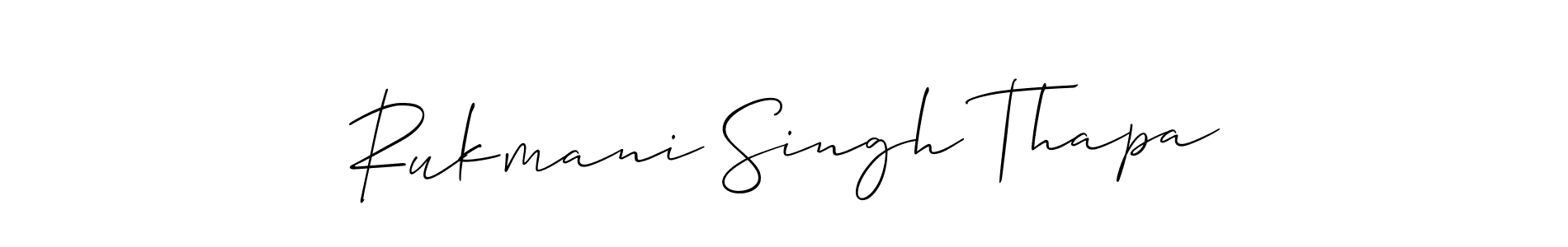 The best way (Allison_Script) to make a short signature is to pick only two or three words in your name. The name Rukmani Singh Thapa include a total of six letters. For converting this name. Rukmani Singh Thapa signature style 2 images and pictures png