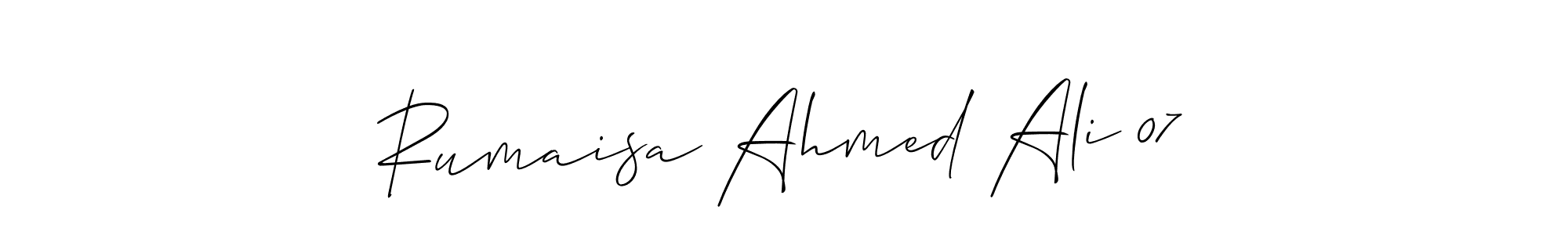 Allison_Script is a professional signature style that is perfect for those who want to add a touch of class to their signature. It is also a great choice for those who want to make their signature more unique. Get Rumaisa Ahmed Ali 07 name to fancy signature for free. Rumaisa Ahmed Ali 07 signature style 2 images and pictures png