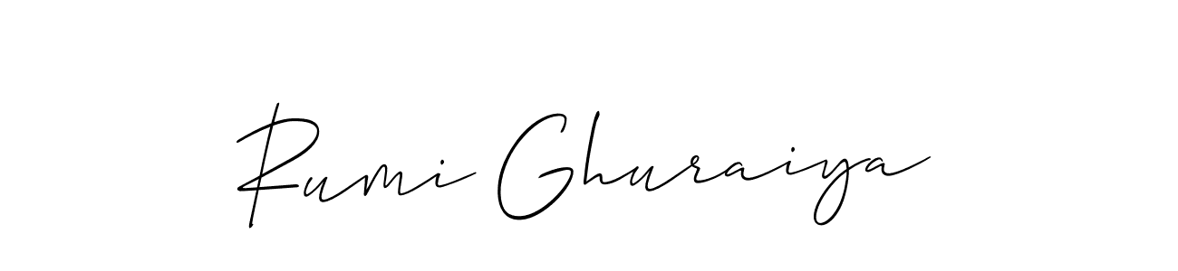 The best way (Allison_Script) to make a short signature is to pick only two or three words in your name. The name Rumi Ghuraiya include a total of six letters. For converting this name. Rumi Ghuraiya signature style 2 images and pictures png