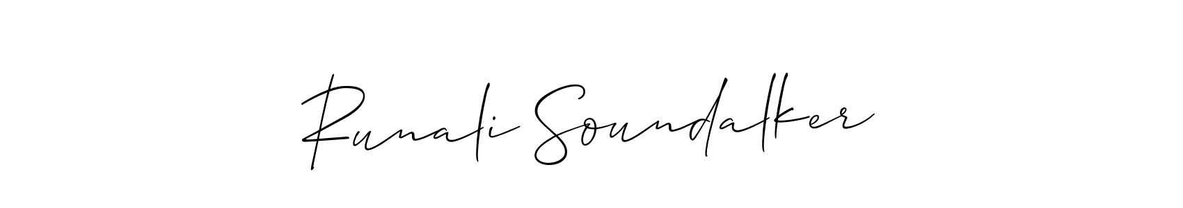 It looks lik you need a new signature style for name Runali Soundalker. Design unique handwritten (Allison_Script) signature with our free signature maker in just a few clicks. Runali Soundalker signature style 2 images and pictures png