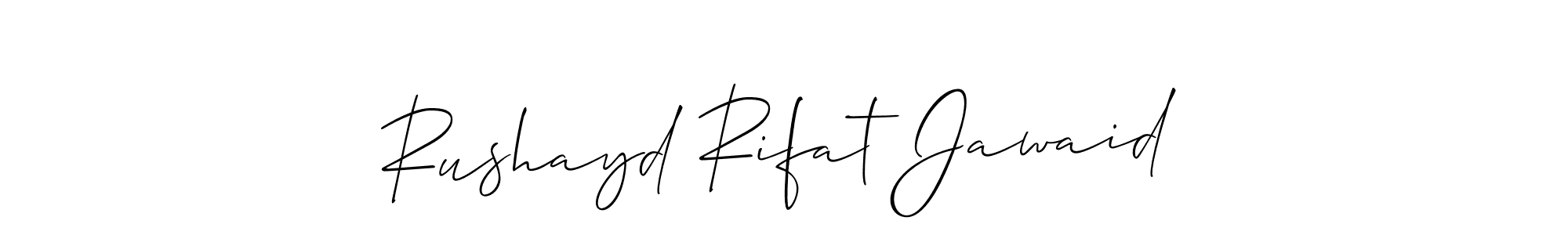 if you are searching for the best signature style for your name Rushayd Rifat Jawaid. so please give up your signature search. here we have designed multiple signature styles  using Allison_Script. Rushayd Rifat Jawaid signature style 2 images and pictures png