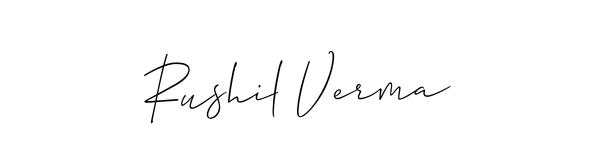 How to make Rushil Verma name signature. Use Allison_Script style for creating short signs online. This is the latest handwritten sign. Rushil Verma signature style 2 images and pictures png