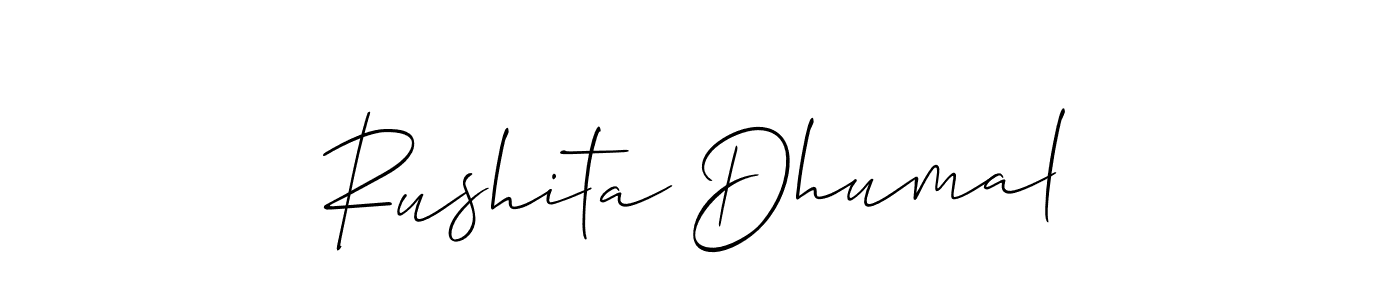 The best way (Allison_Script) to make a short signature is to pick only two or three words in your name. The name Rushita Dhumal include a total of six letters. For converting this name. Rushita Dhumal signature style 2 images and pictures png