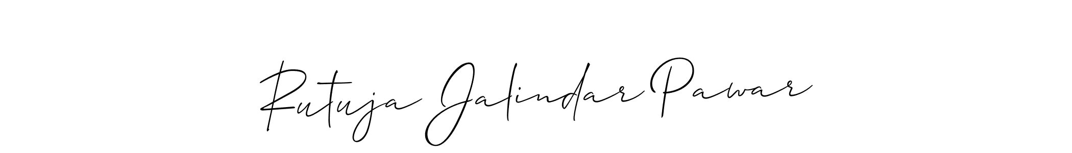 The best way (Allison_Script) to make a short signature is to pick only two or three words in your name. The name Rutuja Jalindar Pawar include a total of six letters. For converting this name. Rutuja Jalindar Pawar signature style 2 images and pictures png