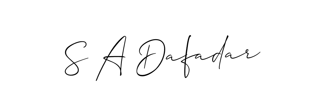 The best way (Allison_Script) to make a short signature is to pick only two or three words in your name. The name S A Dafadar include a total of six letters. For converting this name. S A Dafadar signature style 2 images and pictures png