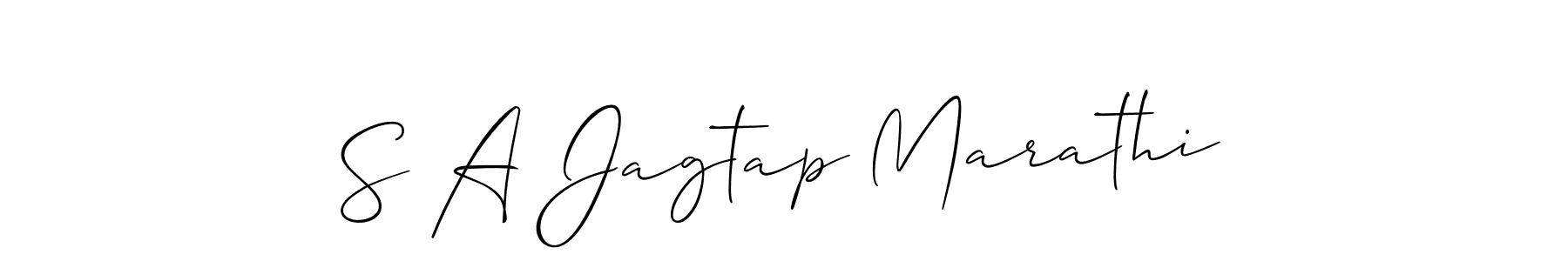 The best way (Allison_Script) to make a short signature is to pick only two or three words in your name. The name S A Jagtap Marathi include a total of six letters. For converting this name. S A Jagtap Marathi signature style 2 images and pictures png