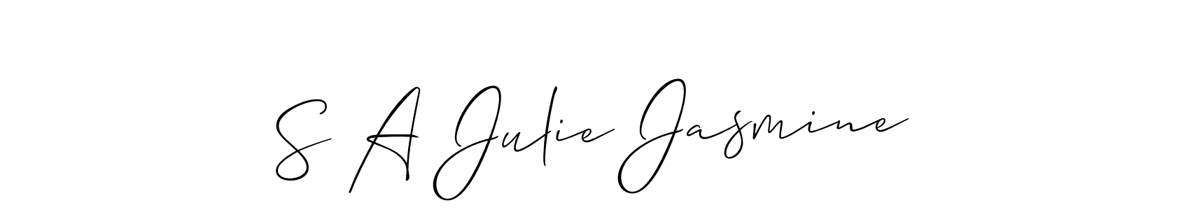 The best way (Allison_Script) to make a short signature is to pick only two or three words in your name. The name S A Julie Jasmine include a total of six letters. For converting this name. S A Julie Jasmine signature style 2 images and pictures png