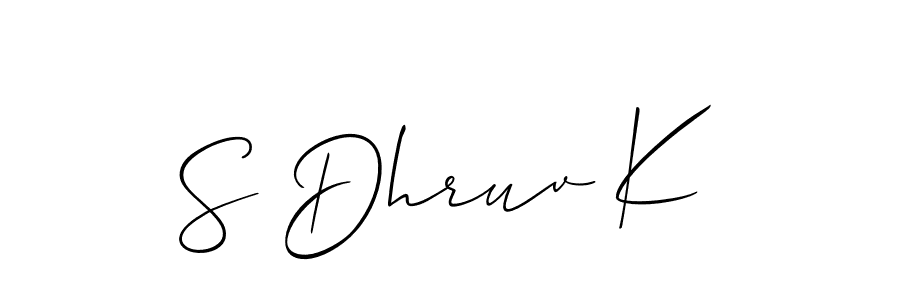 The best way (Allison_Script) to make a short signature is to pick only two or three words in your name. The name S Dhruv K include a total of six letters. For converting this name. S Dhruv K signature style 2 images and pictures png