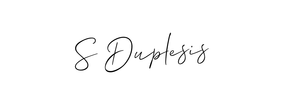 The best way (Allison_Script) to make a short signature is to pick only two or three words in your name. The name S Duplesis include a total of six letters. For converting this name. S Duplesis signature style 2 images and pictures png
