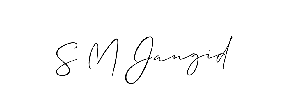 Also You can easily find your signature by using the search form. We will create S M Jangid name handwritten signature images for you free of cost using Allison_Script sign style. S M Jangid signature style 2 images and pictures png