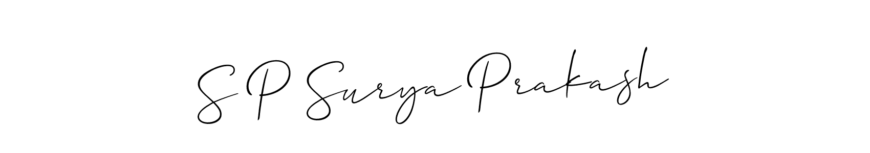 The best way (Allison_Script) to make a short signature is to pick only two or three words in your name. The name S P Surya Prakash include a total of six letters. For converting this name. S P Surya Prakash signature style 2 images and pictures png