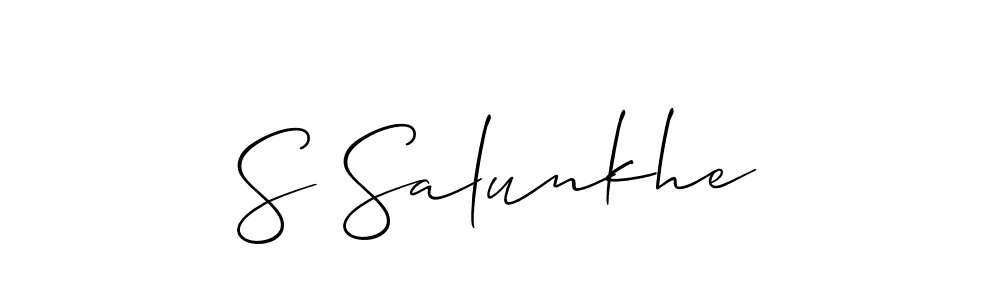 Also You can easily find your signature by using the search form. We will create S Salunkhe name handwritten signature images for you free of cost using Allison_Script sign style. S Salunkhe signature style 2 images and pictures png