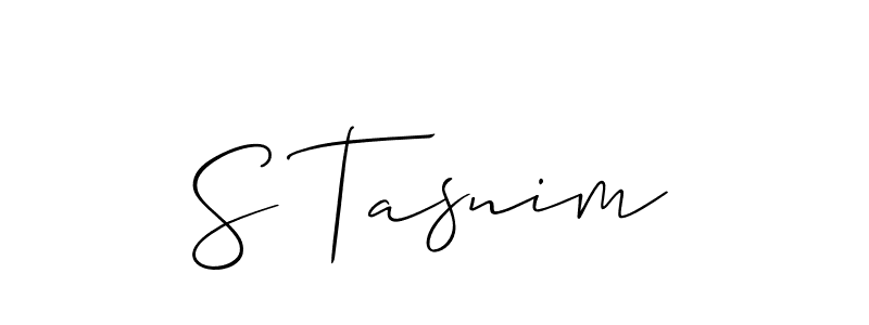 The best way (Allison_Script) to make a short signature is to pick only two or three words in your name. The name S Tasnim include a total of six letters. For converting this name. S Tasnim signature style 2 images and pictures png