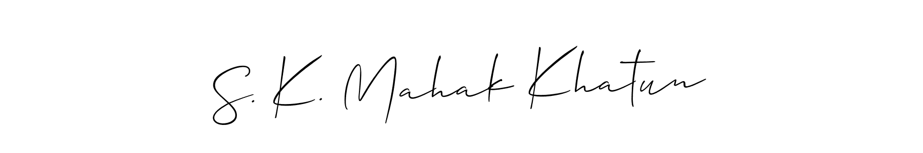 The best way (Allison_Script) to make a short signature is to pick only two or three words in your name. The name S. K. Mahak Khatun include a total of six letters. For converting this name. S. K. Mahak Khatun signature style 2 images and pictures png