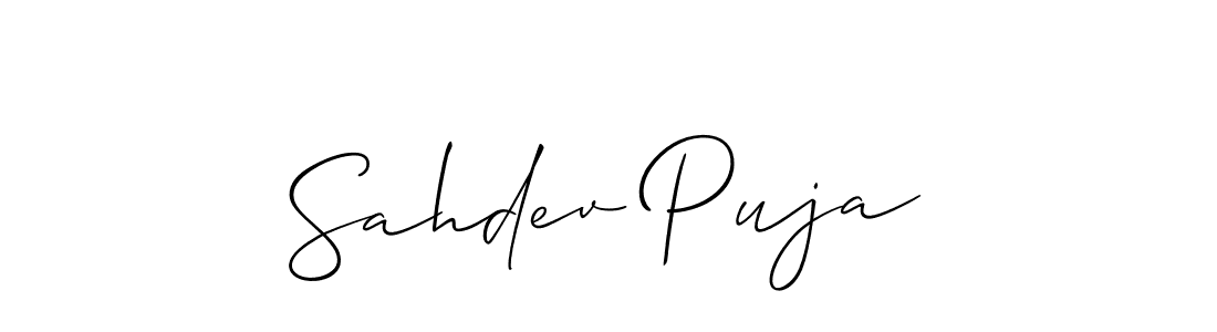 The best way (Allison_Script) to make a short signature is to pick only two or three words in your name. The name Sahdev Puja include a total of six letters. For converting this name. Sahdev Puja signature style 2 images and pictures png