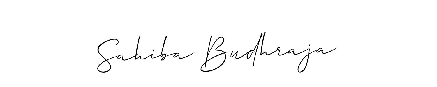 How to make Sahiba Budhraja name signature. Use Allison_Script style for creating short signs online. This is the latest handwritten sign. Sahiba Budhraja signature style 2 images and pictures png