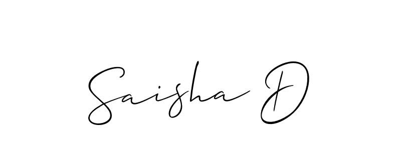 The best way (Allison_Script) to make a short signature is to pick only two or three words in your name. The name Saisha D include a total of six letters. For converting this name. Saisha D signature style 2 images and pictures png