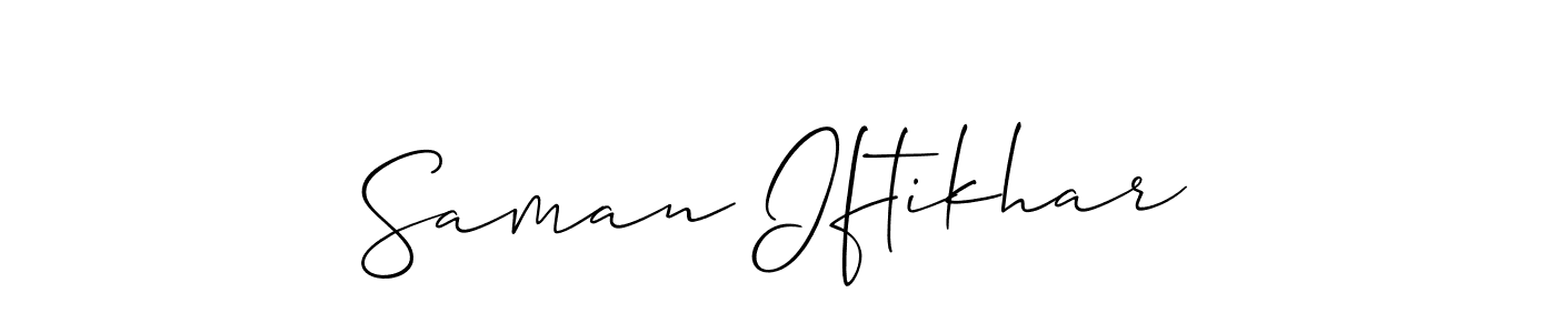 Also You can easily find your signature by using the search form. We will create Saman Iftikhar name handwritten signature images for you free of cost using Allison_Script sign style. Saman Iftikhar signature style 2 images and pictures png