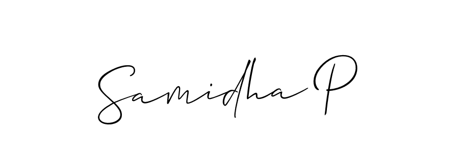 The best way (Allison_Script) to make a short signature is to pick only two or three words in your name. The name Samidha P include a total of six letters. For converting this name. Samidha P signature style 2 images and pictures png