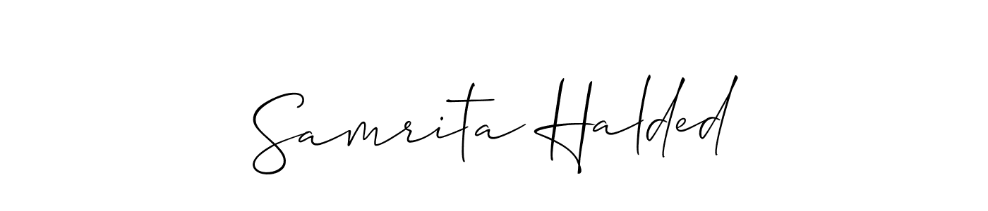 Check out images of Autograph of Samrita Halded name. Actor Samrita Halded Signature Style. Allison_Script is a professional sign style online. Samrita Halded signature style 2 images and pictures png