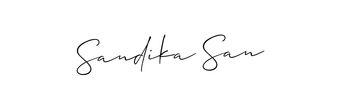 The best way (Allison_Script) to make a short signature is to pick only two or three words in your name. The name Sandika San include a total of six letters. For converting this name. Sandika San signature style 2 images and pictures png