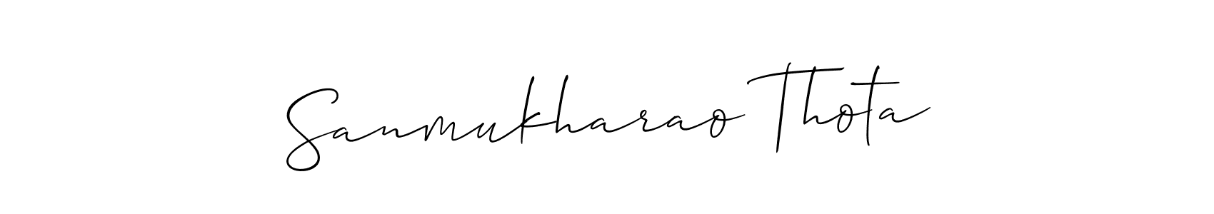 The best way (Allison_Script) to make a short signature is to pick only two or three words in your name. The name Sanmukharao Thota include a total of six letters. For converting this name. Sanmukharao Thota signature style 2 images and pictures png