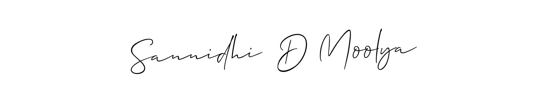 You should practise on your own different ways (Allison_Script) to write your name (Sannidhi  D Moolya) in signature. don't let someone else do it for you. Sannidhi  D Moolya signature style 2 images and pictures png