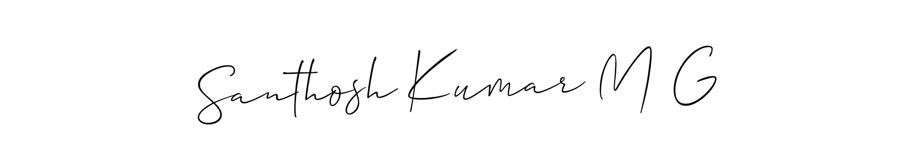 The best way (Allison_Script) to make a short signature is to pick only two or three words in your name. The name Santhosh Kumar M G include a total of six letters. For converting this name. Santhosh Kumar M G signature style 2 images and pictures png