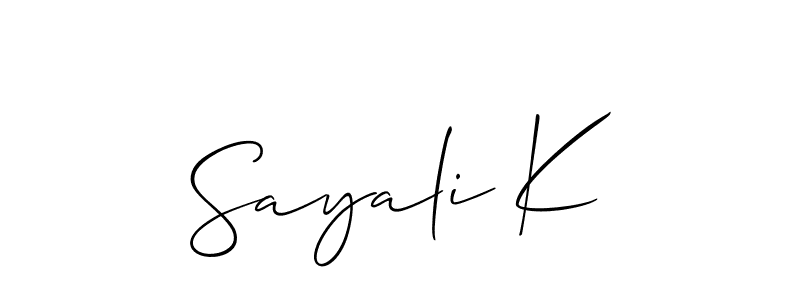 Also You can easily find your signature by using the search form. We will create Sayali K name handwritten signature images for you free of cost using Allison_Script sign style. Sayali K signature style 2 images and pictures png