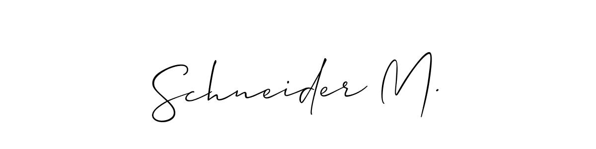 The best way (Allison_Script) to make a short signature is to pick only two or three words in your name. The name Schneider M. include a total of six letters. For converting this name. Schneider M. signature style 2 images and pictures png
