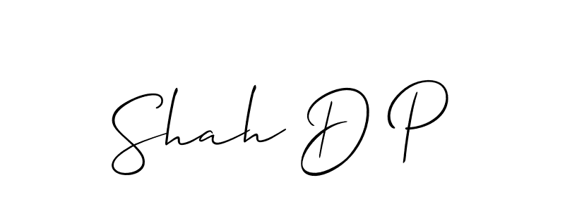 The best way (Allison_Script) to make a short signature is to pick only two or three words in your name. The name Shah D P include a total of six letters. For converting this name. Shah D P signature style 2 images and pictures png