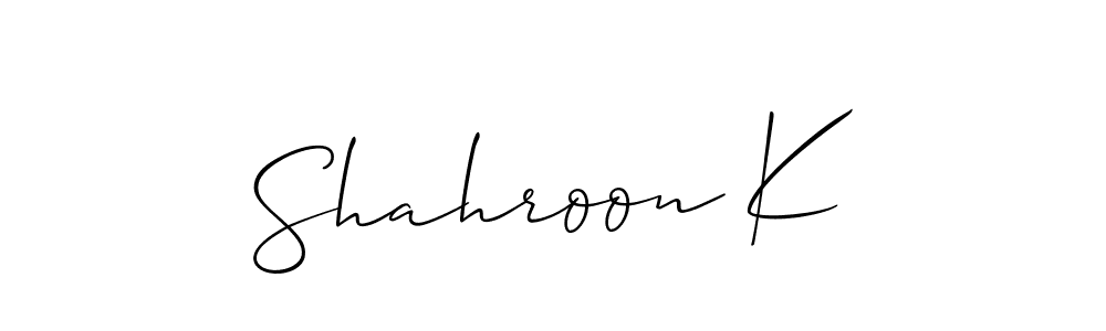 Use a signature maker to create a handwritten signature online. With this signature software, you can design (Allison_Script) your own signature for name Shahroon K. Shahroon K signature style 2 images and pictures png