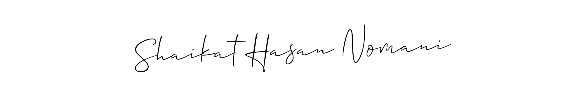 The best way (Allison_Script) to make a short signature is to pick only two or three words in your name. The name Shaikat Hasan Nomani include a total of six letters. For converting this name. Shaikat Hasan Nomani signature style 2 images and pictures png
