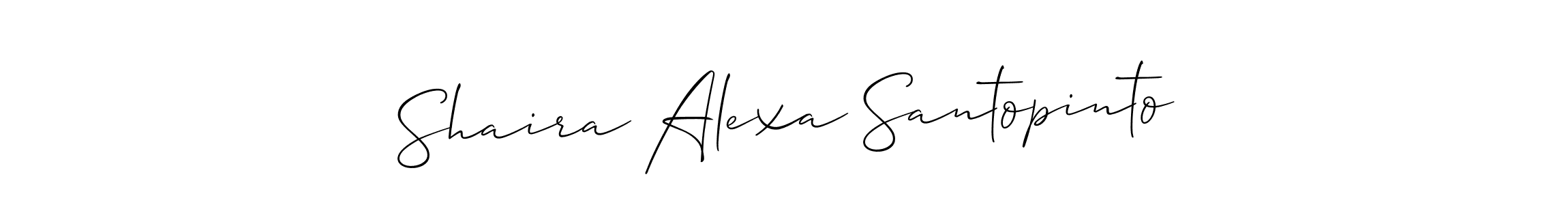 The best way (Allison_Script) to make a short signature is to pick only two or three words in your name. The name Shaira Alexa Santopinto include a total of six letters. For converting this name. Shaira Alexa Santopinto signature style 2 images and pictures png