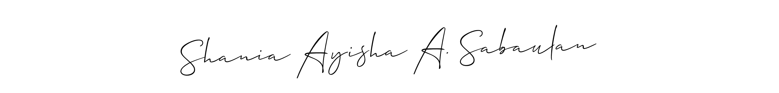 Also You can easily find your signature by using the search form. We will create Shania Ayisha A. Sabaulan name handwritten signature images for you free of cost using Allison_Script sign style. Shania Ayisha A. Sabaulan signature style 2 images and pictures png