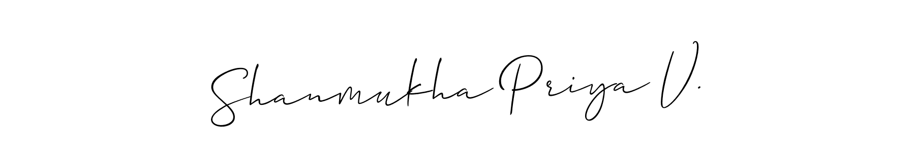 The best way (Allison_Script) to make a short signature is to pick only two or three words in your name. The name Shanmukha Priya V. include a total of six letters. For converting this name. Shanmukha Priya V. signature style 2 images and pictures png