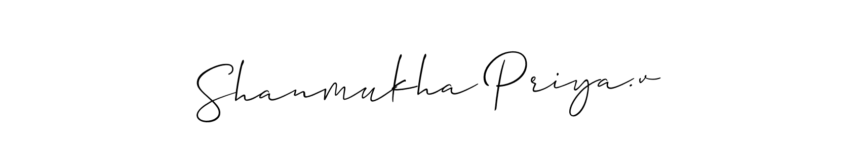 The best way (Allison_Script) to make a short signature is to pick only two or three words in your name. The name Shanmukha Priya.v include a total of six letters. For converting this name. Shanmukha Priya.v signature style 2 images and pictures png