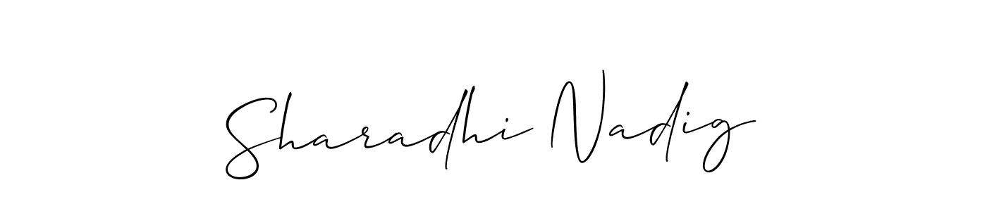 The best way (Allison_Script) to make a short signature is to pick only two or three words in your name. The name Sharadhi Nadig include a total of six letters. For converting this name. Sharadhi Nadig signature style 2 images and pictures png