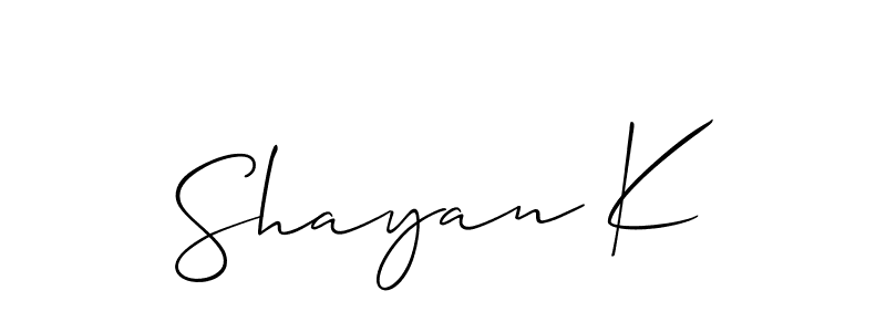 It looks lik you need a new signature style for name Shayan K. Design unique handwritten (Allison_Script) signature with our free signature maker in just a few clicks. Shayan K signature style 2 images and pictures png