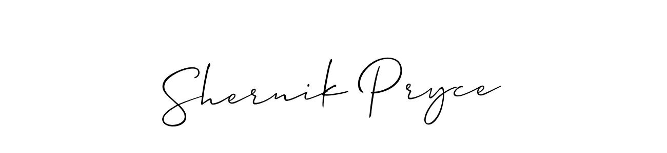 The best way (Allison_Script) to make a short signature is to pick only two or three words in your name. The name Shernik Pryce include a total of six letters. For converting this name. Shernik Pryce signature style 2 images and pictures png