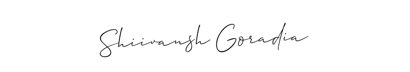 The best way (Allison_Script) to make a short signature is to pick only two or three words in your name. The name Shiivansh Goradia include a total of six letters. For converting this name. Shiivansh Goradia signature style 2 images and pictures png