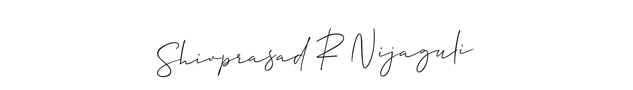 The best way (Allison_Script) to make a short signature is to pick only two or three words in your name. The name Shivprasad R Nijaguli include a total of six letters. For converting this name. Shivprasad R Nijaguli signature style 2 images and pictures png