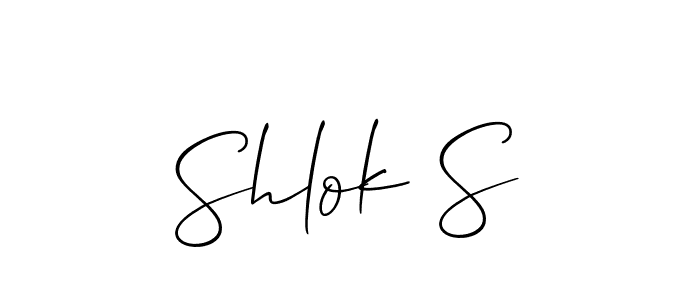 The best way (Allison_Script) to make a short signature is to pick only two or three words in your name. The name Shlok S include a total of six letters. For converting this name. Shlok S signature style 2 images and pictures png