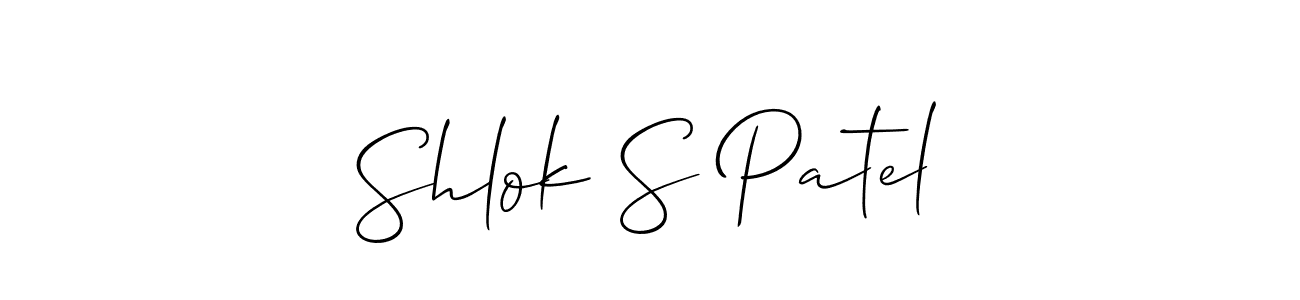 The best way (Allison_Script) to make a short signature is to pick only two or three words in your name. The name Shlok S Patel include a total of six letters. For converting this name. Shlok S Patel signature style 2 images and pictures png